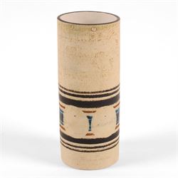 Troika cylindrical vase decorated with circles upon a striped backdrop, designed by Linda Taylor, with painted marks beneath, H14cm