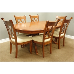 Cherry wood extending dining table on twin pillar base (151cm x 105cm, H74cm), and set six matching dining chairs with upholstered seats  