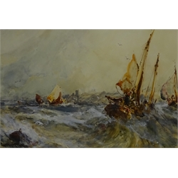 Stephen Frank Wasley (British 1848-1934): Fishing Boats in a Heavy Swell off the Coast, watercolour heightened in white signed 35cm x 52cm  