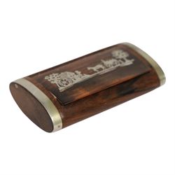 19th century pressed horn snuff box, of oblong form, the hinged tortoiseshell veneered cover with inlaid white metal stag hunting scene, L7cm, together with a 19th century rose wood example, probably french, with silver plated mounts, the inset hinged cover inlaid with a scene depicting a horse drawn cart before a mill, L7.5cm