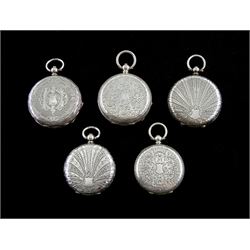 Five 19th/early 20th century Swiss silver open face ladies key wound cylinder fob watches, white enamel dials with Roman numerals, engraved cases with cartouches, dial on one signed LA Migonne Geneve, all hallmarked (5)
