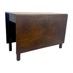 Georgian mahogany drop-leaf dining table, rectangular top with two hinged leaves supported by a gateleg mechanism, raised on square-section supports
