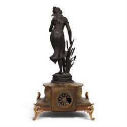 French green onyx clock, surmounted by a female figure amongst rushes, the enamel clock face with floral sprigs, H74cm 