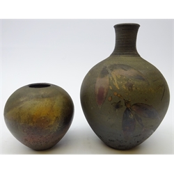  Raku fired vase decorated with leaf motif below reeded neck, H19cm and another, both having impressed AS? monogram (2)  