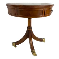 Wade - Georgian design yew wood drum side table, banded circular top with reeded edge, fitted with single cock-beaded drawer, raised on turned pedestal with splayed supports and castors