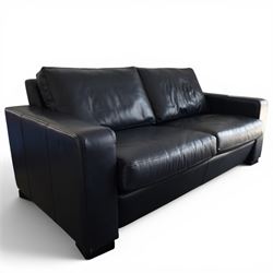 Modern blue leather two seat sofa, square formed arms, four loose cushions