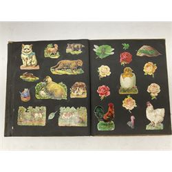 Victorian scrapbook containing twenty-six double sided pages and two fixed end pages of various fixed decoupage to include clippings of maritime interest, greeting cards, portraiture, flowers, animals etc, 