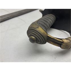 Victorian British Army officer's sword by Hobson & Sons Little Windmill Street London, the 82cm fullered steel blade etched with crowned Victoria cypher and 'HM 1st West York R.V.', lined gilded brass three-bar hilt incorporating Victoria cypher and wire-bound fish skin grip with plaited knot; in steel scabbard with two hanging rings L99cm overall