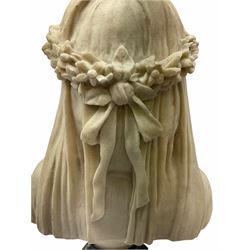 After R Monti, The Bride, a composite bust modelled as a veiled woman wearing a garland of flowers, on socle base, overall H38.5cm.