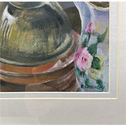 R Greenley (British 20th century): Still Life of Guitar and Oil Lamp on Ledge, gouache on paper signed 44cm x 35cm 