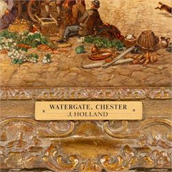 John Holland Snr. (British c1830-1886): 'Watergate - Chester', oil on canvas signed, titled on plaque 43cm x 67cm 
Notes: Likely painted c1870-1872, indicated by a sandwich-board man advertising a 'Panorama of the war between France and Prussia' - a popular form of traveling entertainment in Victorian Britain.