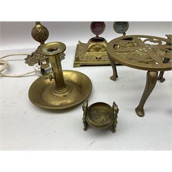 Brass desk double inkwell, another brass inkwell with foliate decoration, cast iron and brass pot stand and more brassware etc