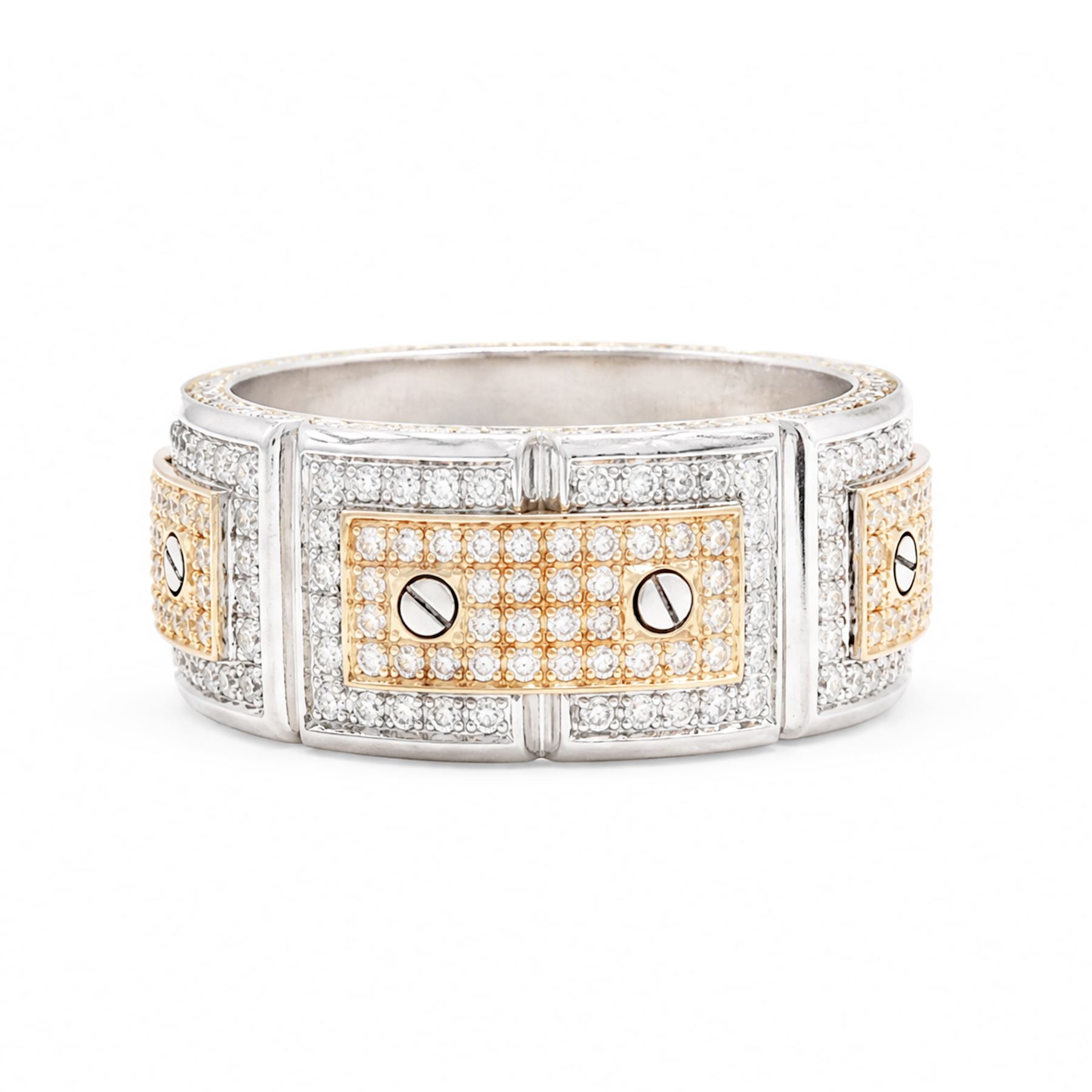 Platinum and 18ct gold diamond ring, eight platinum panels pave set with diamonds, linked by four diamond set horizontal panels, each with screw decoration, total diamond weight approx 2.80 carat