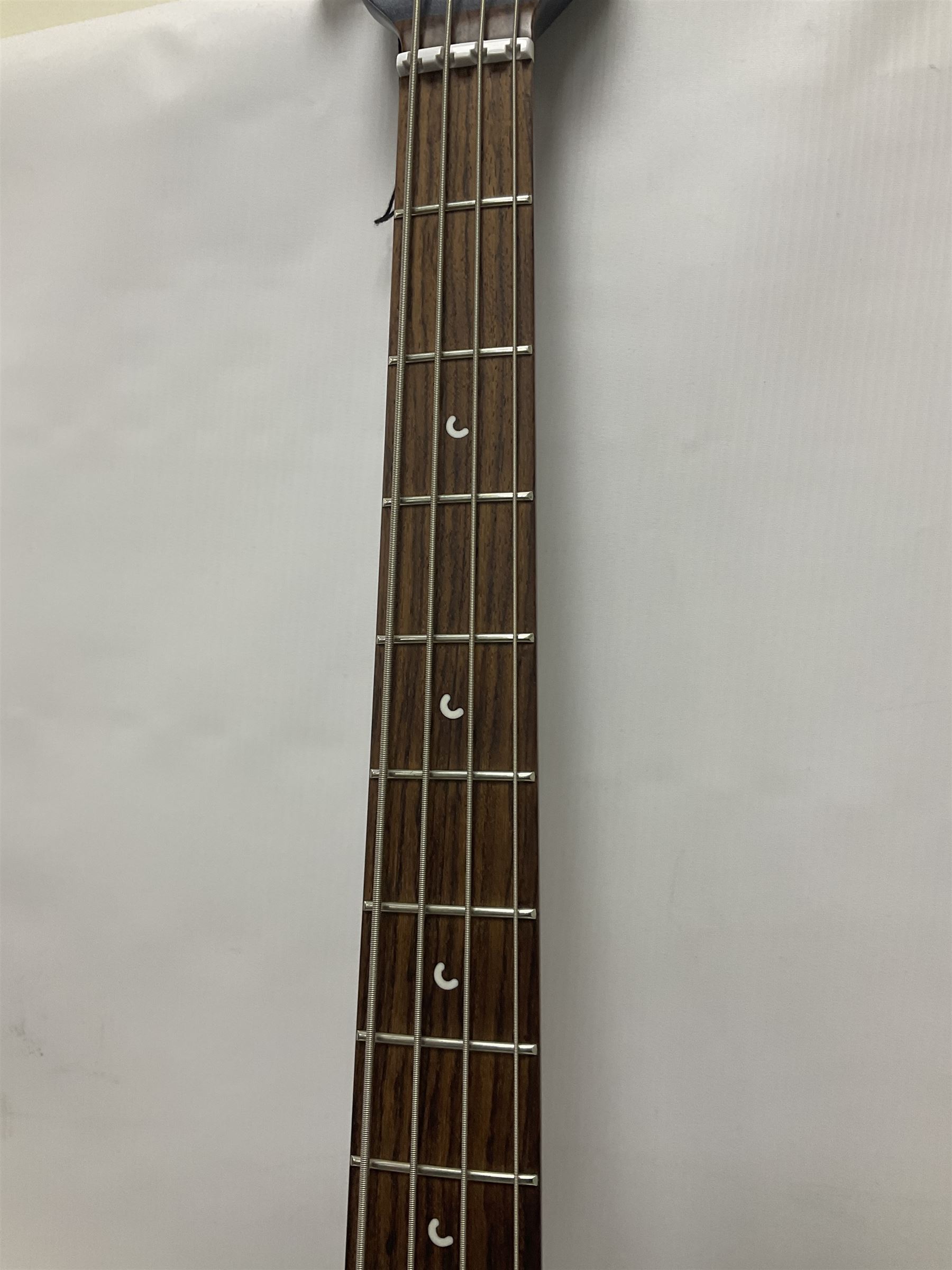 Music Man Bongo 4 string bass guitar, in sapphire black finish, serial no F42547, in black Music Man hard case, guitar L113cm