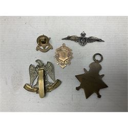 Gold fob engraved Tees-side B.S.S 1957, the reverse stamped 375, WWI victory medal, 1914-15 star medal, Waterloo Royal Scots Dragoon Guards gilt cap badge, various stamps including usable postage etc