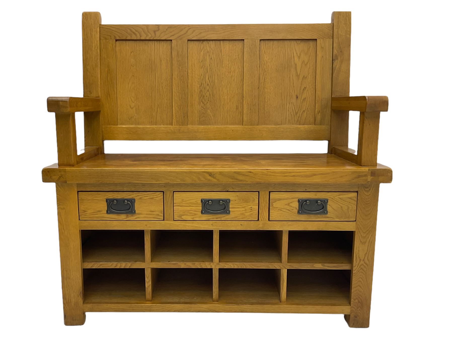 Light oak hall bench, tripled panelled back, fitted with drawers and shoe holes