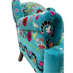 Myakka Victorian style club armchair, upholstered in crazy daisy turquoise fabric 