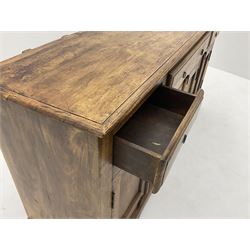 Contemporary rustic hardwood sideboard, rectangular moulded top over three drawers and cupboards