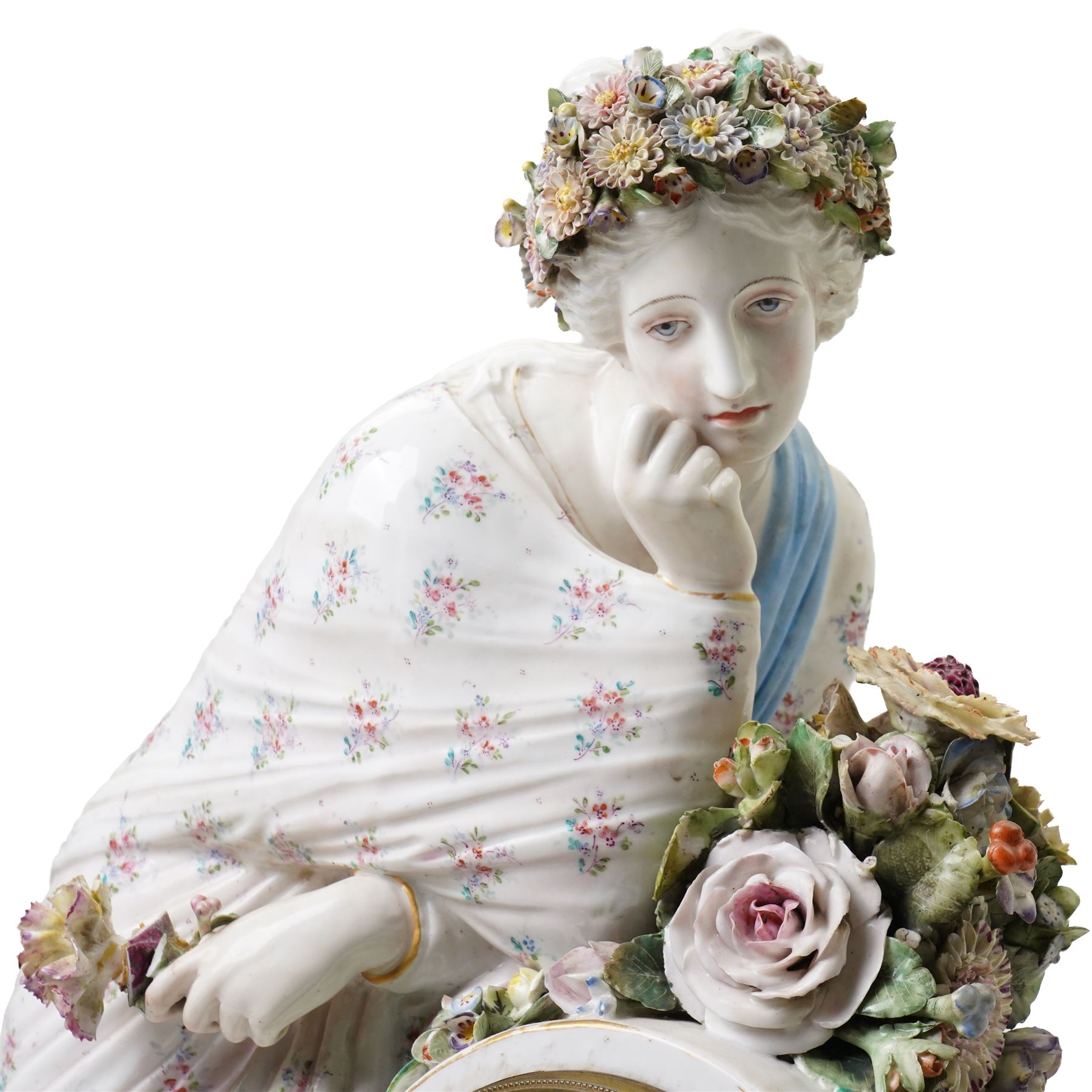Large19th century  German porcelain mantel clock with white dial and striking movement, the case with a standing figure of Flora resting on a pillar with floral applied decoration, the base painted eith landscape and floral panels on paw feet H77cm W43cm