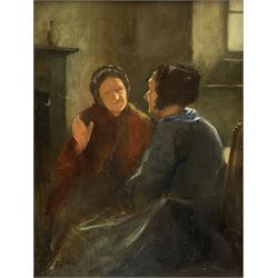 Henry John Dobson (Scottish 1858-1928): Two Elderly Ladies in Conversation, oil on canvas signed with initials 29cm x 22cm