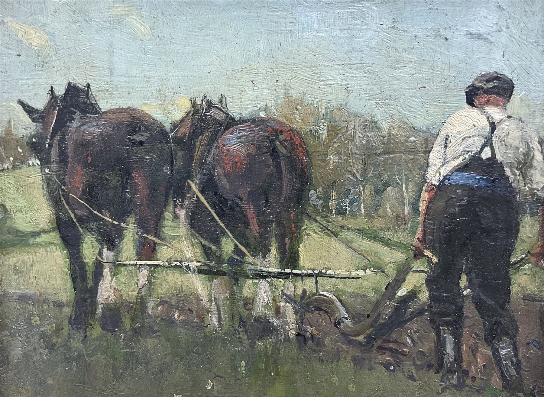 David Russell Anderson RSW (Scottish 1884-1976): 'The Ploughman', oil on panel unsigned, titled and attributed on gallery label verso 15cm x 20cm 
Provenance: with the Goosewell Gallery, Menston-in-Wharfedale, label verso 
