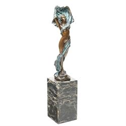 After Milo - bronze sculpture of a dancing lady, on two-tone plinth, H35cm 