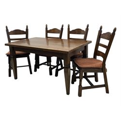 Mid-20th century Dutch oak dining table, rectangular top raised on square supports with tapered sections; four ladderback dining chairs, on turned supports with H-stretchers