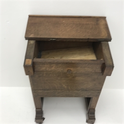 Vintage oak school desk, hinged lid, single fall front, solid end supports, W54cm, H80cm, D41cm
