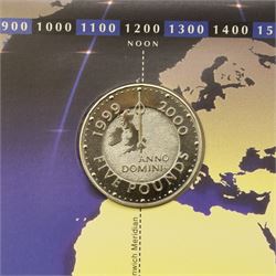 Mostly commemorative coinage, including various Queen Elizabeth II crowns, The Royal Mint United Kingdom 1999 silver proof five pounds, Canada 1999 one ounce fine sliver five dollars, Bermuda 2000 two dollars, Guyana 2000 two-thousand dollars, New Zealand 2000 ten dollars etc, housed in a coin display case and loose