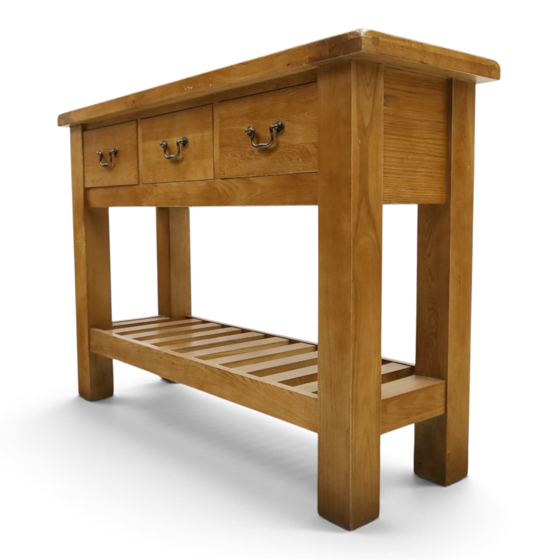 Contemporary golden ash and oak side table, rectangular top fitted with three drawers with swan-neck handles, on square supports united by slatted under-tier
