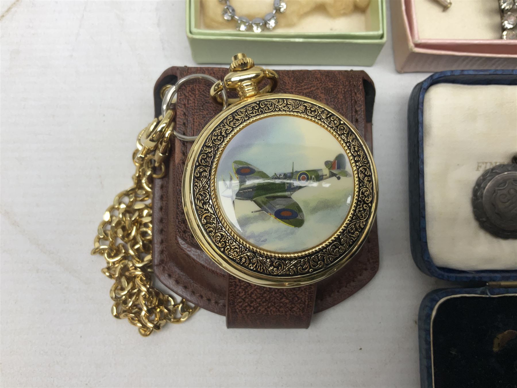 Victorian and later jewellery including silver thimble, rolled gold pendants, earrings and brooches and a collection of wristwatches including Sekonda, The Westminster Collection Historic Timepieces Spitfire pocket watch etc