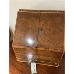 19th century burr walnut correspondence box, the sloped front opening to reveal a fitted interior with perpetual calendar, letter racks, and pen tray between two inkwell recesses, above a pull out draw with recessed brass handle, H41cm L40.5cm D28.5cm