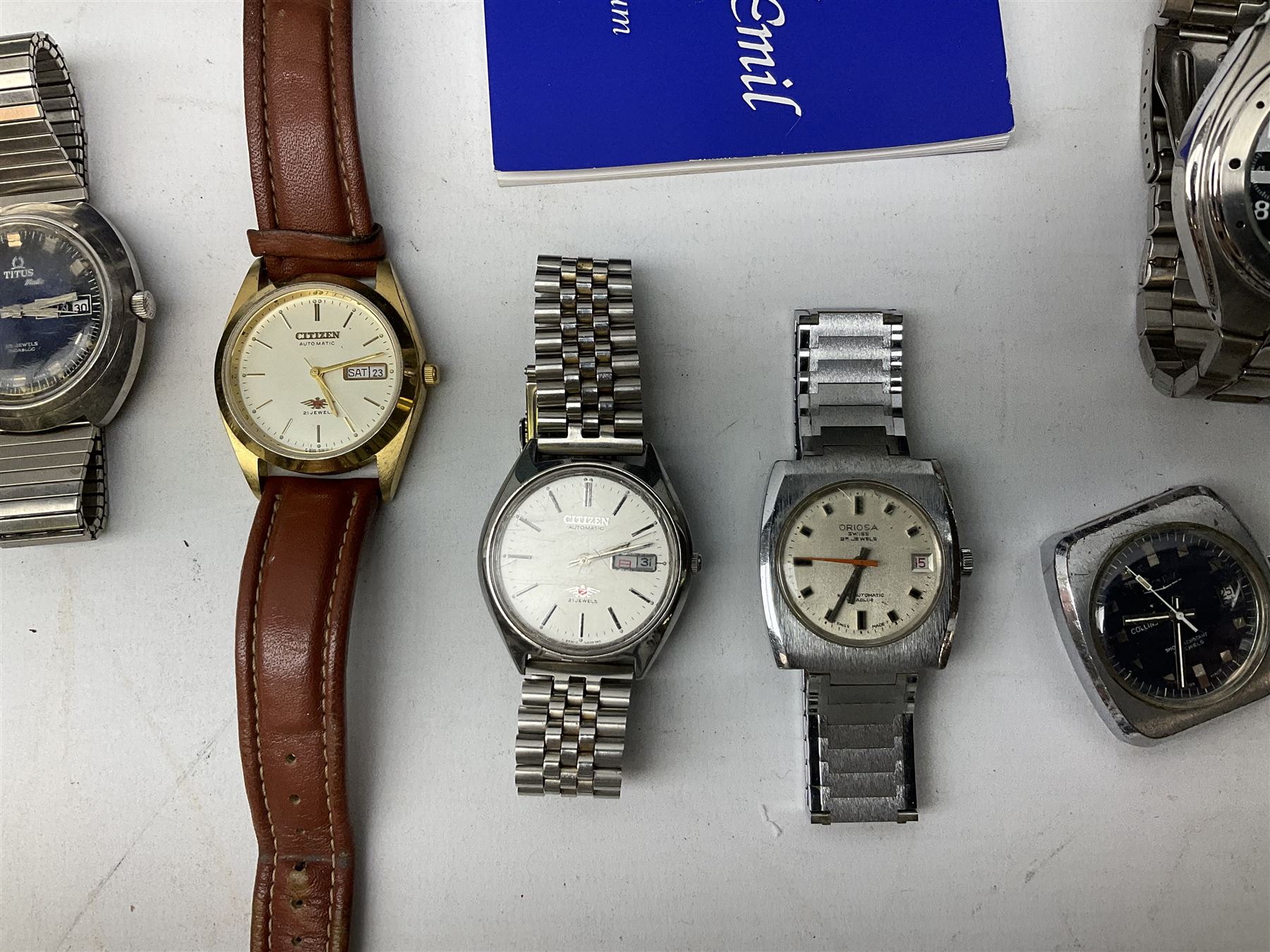 Collection of wristwatches including Accurist World Time chronograph quartz, Lorus chronograph 100m stainless steel quartz, Oskar Emil Torrini, two Citizen automatics, Seiko ladies Vivace, Titus, Limit and Tissot