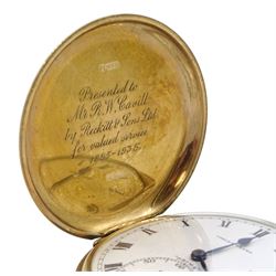 Early 20th century 9ct gold Prima 'Philex Lever' full hunter presentation pocket watch, white enamel dial with Roman numerals and subsidiary seconds dial, case by Dennison, Birmingham 1935