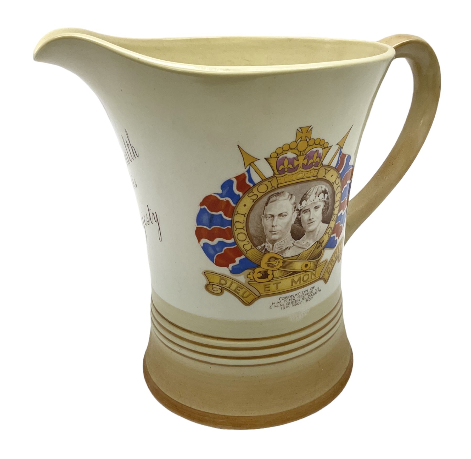 Shelley musical pottery jug commemorating the 1937 Coronation of King George VI, with printed mark beneath, H20cm