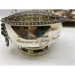 Early 20th century hallmarked silver trumpet vase stamped J & R Griffin (Joseph & Richard Griffin), Chester 1917, with weighted base, together with a 19th century silver-plate biscuit barrel by JK&Co, ornately engraved throughout, John Round & Son silver plated twin handled cup, and other silver plated and other metal ware to include ornate teapots, tray etc