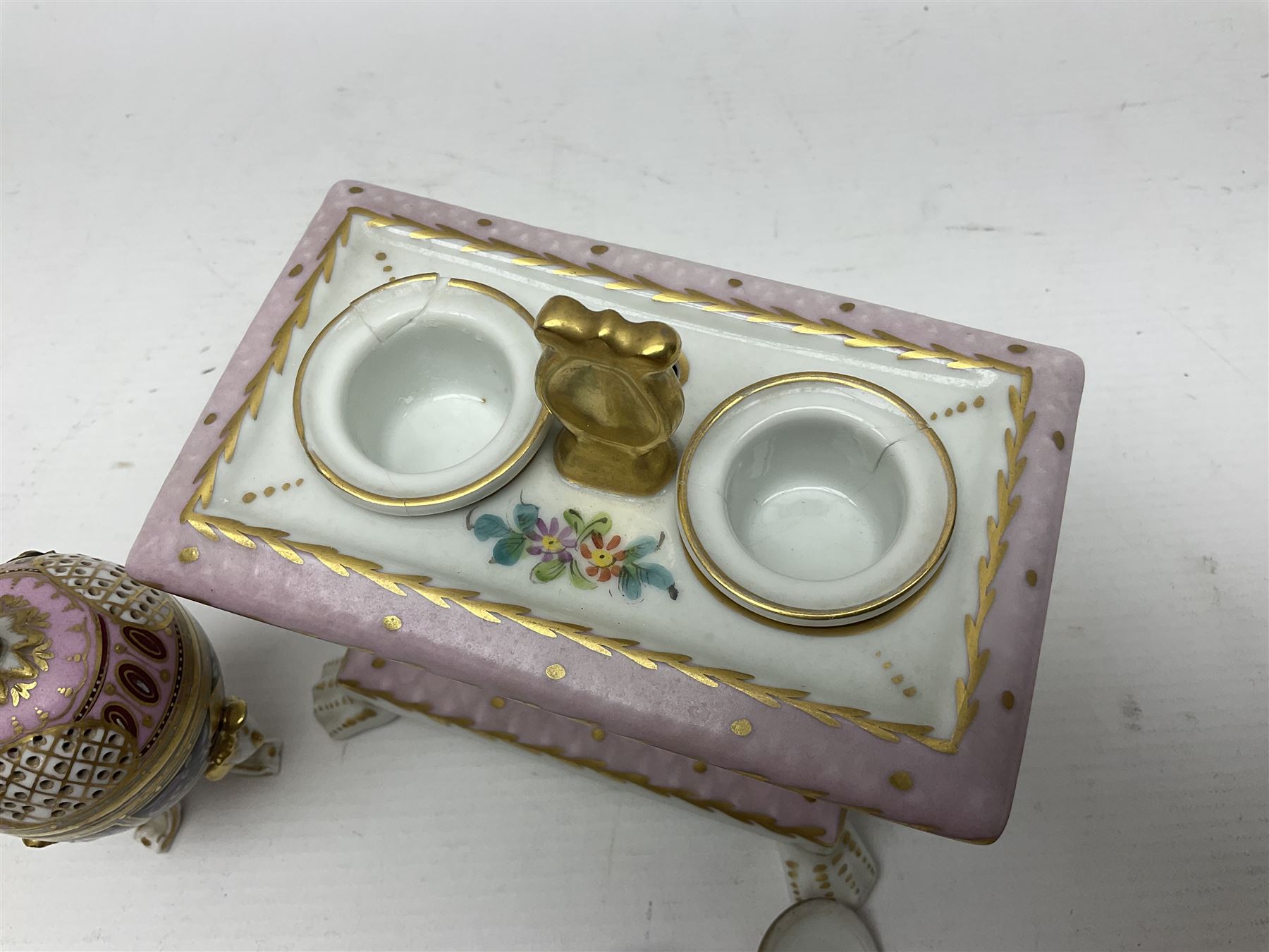 Limoges France hand painted ink well pot stand with lion paw feet, together with  pot pourri vase and cover in the shape of an egg raised on three scroll feet, ink well H14cm 