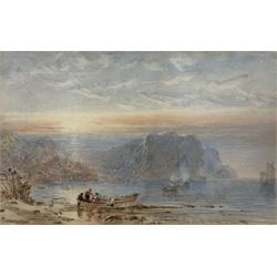 George Weatherill (British 1810-1890): Coble on Penny Steel looking towards Cowbar Nab - Staithes, watercolour unsigned 10.5cm x 17cm