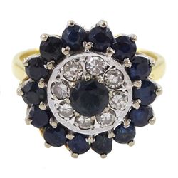 Gold round sapphire and diamond circular cluster ring, stamped 18ct