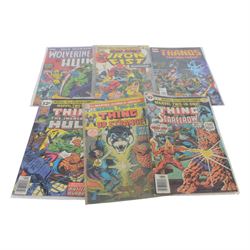 Thirty-five Marvel Bronze Age and later comic books, comprising sixteen 'The Avengers' #263, #274, #275, #276, #277, #278, #279, #281, #283, #285, #289, #291, #294, #295, #296, #297, King Size The Avengers Annual #7, 'Marvel One-Shot Thanos The Final Threat', 'Marvel Premiere Featuring Iron Fist' #24, True Believers 'Wolverine vs Hulk', 'The Thing' #1, four The Invincible Iron Man #59, #63, #71 and #100, eight Marvel Two in One 'The Thing' #2, #6, #11, #12, #18, #46, #50, #62 and #88 and one copy of 'The Sensational She-Hulk #4, mostly bagged