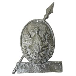  Lead fire mark marked 'Protection' and cast with a phoenix H26cm and a tin fire mark marked 'Guardian Eastern' (2)