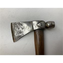 Early 20th century ceremonial Tomahawk pipe, steel axe head with pipe bowl, drilled drawing shaft, 46cm