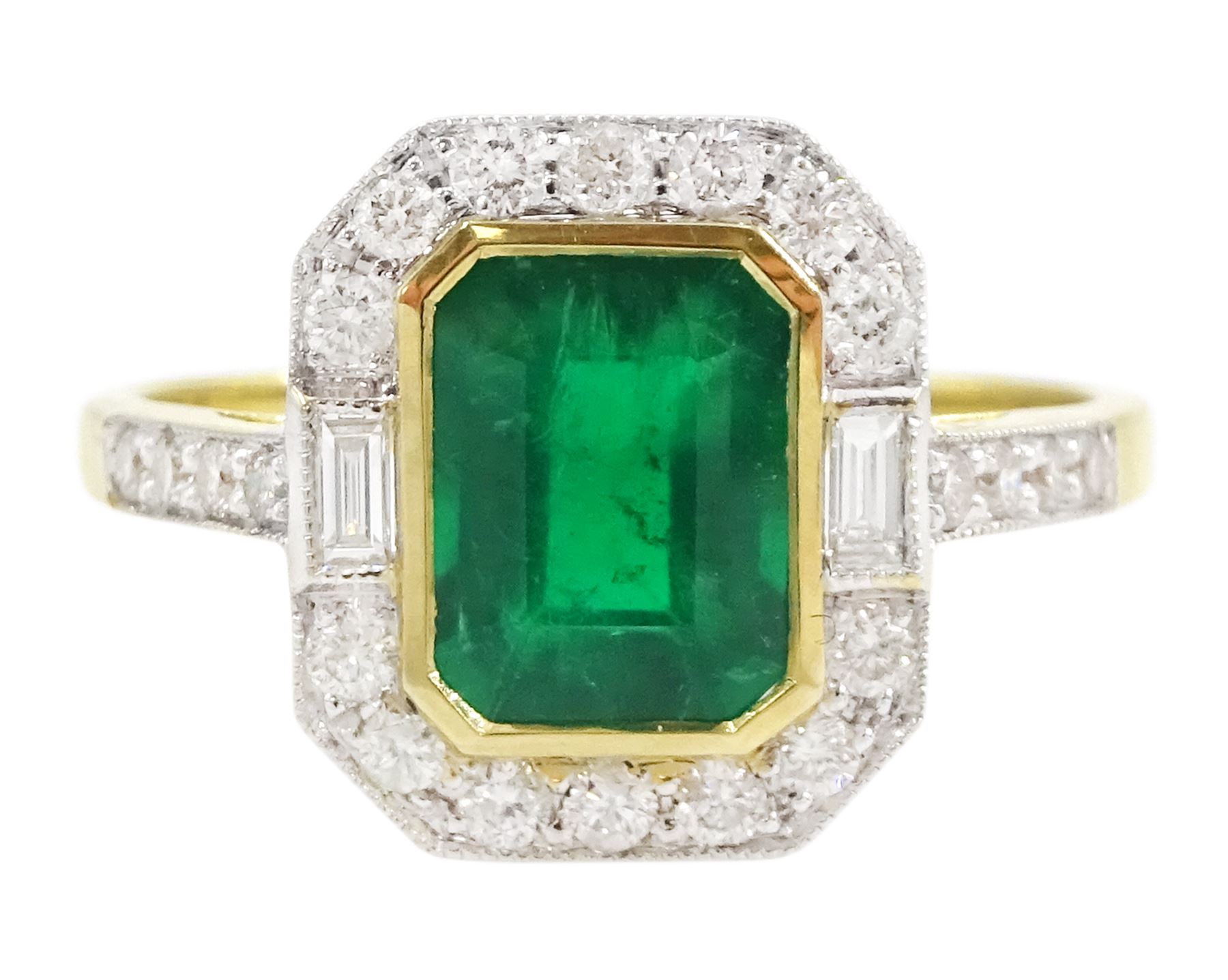 18ct gold emerald and diamond cluster ring, octagonal cut emerald of approx 1.50 carat, with milgrain set, round brilliant and baguette cut diamond surround and diamond set shoulders, stamped 750, total diamond weight approx 0.45 carat
