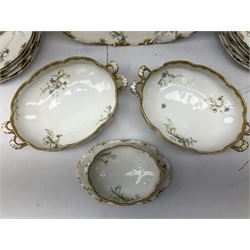 French Haviland Limoges part dinner service, decorated with floral sprays and gilding, to include two lidded tureens, thirteen plates, oval serving platter, etc, all stamped H & Co Made in France for James Green & Nephew (17) 