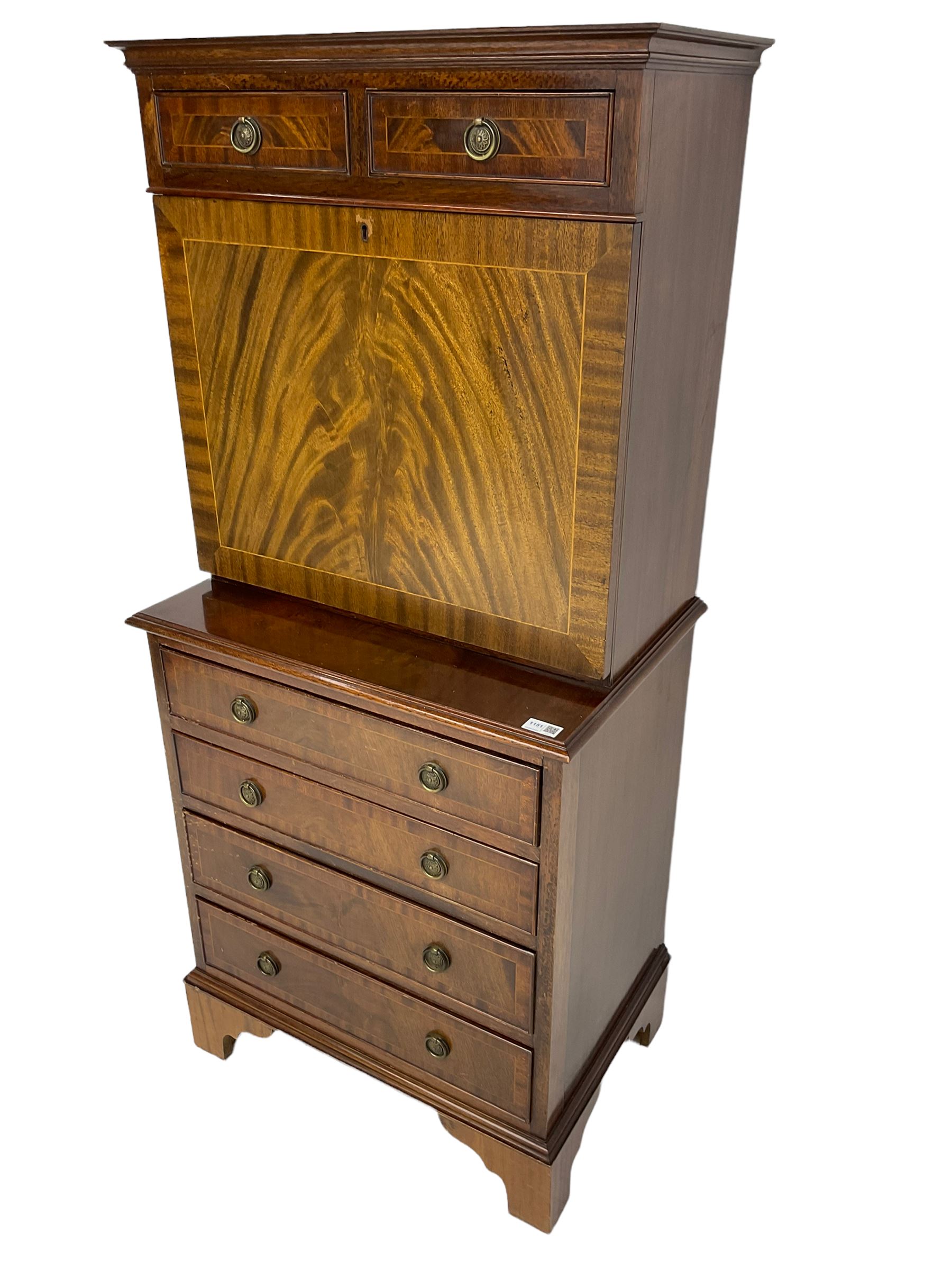 Shaw of London - mahogany secretaire chest, the upper section fitted with two drawers over fall front enclosing drawers, cupboard and pigeon holes, the lower section fitted with four graduating drawers, on bracket feet