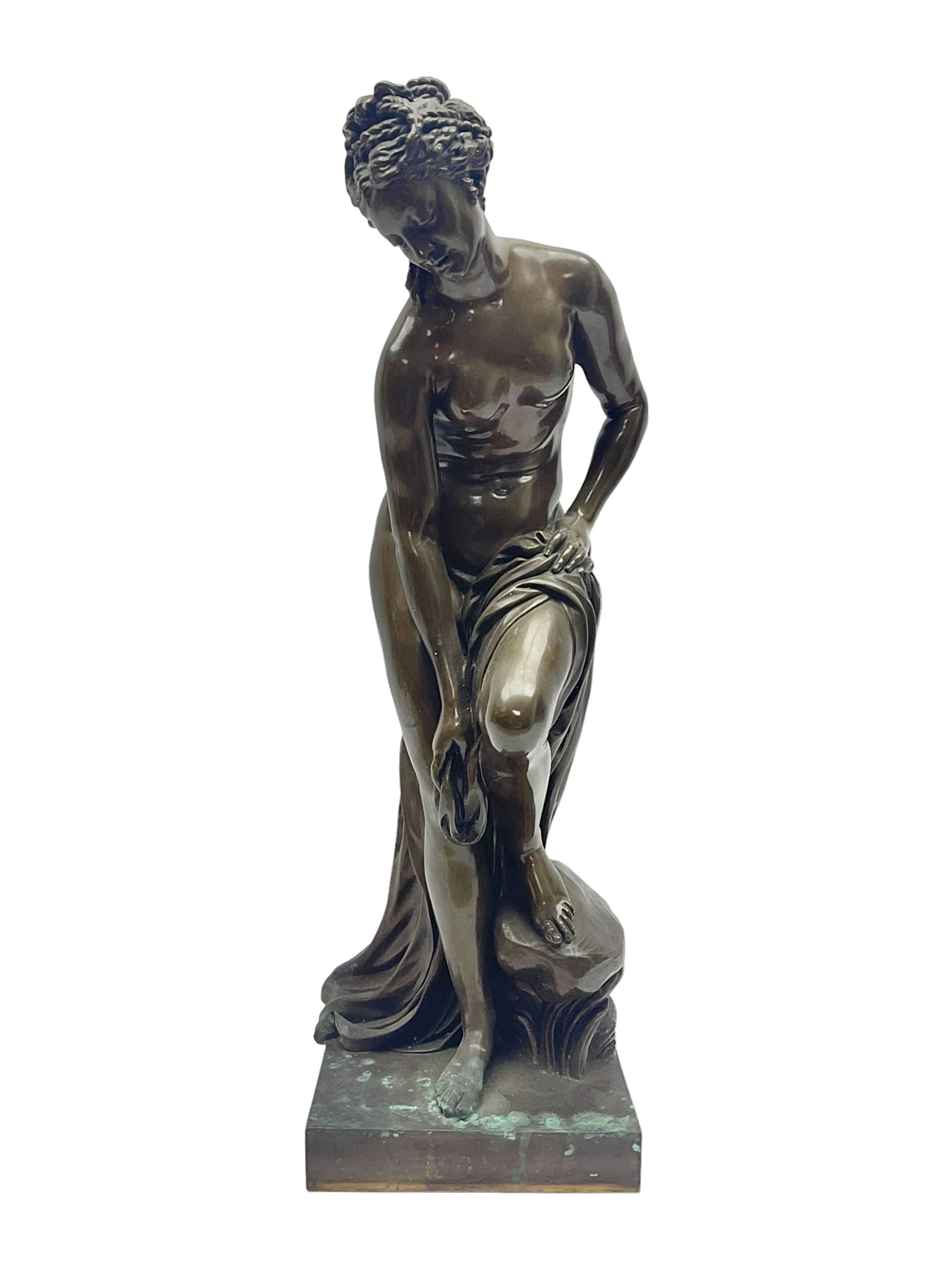 After Christopher Gabriel Allegrain (1710-1795),  Venus au bain, bronze, upon square plinth, Impressed F Barbedienne Fondeur, the base impressed C G Allegrain Fecit 1767, and bearing Barbedienne foundry seal, overall H51cm