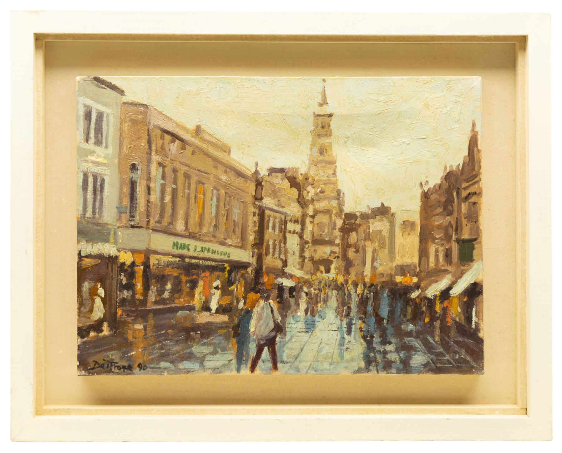 Barry De More (Yorkshire 1948-2023): 'The Precinct Halifax with Town Hall', oil on canvas signed and dated '90, inscribed verso 28cm x 38cm
Provenance: consigned by the artist's widow