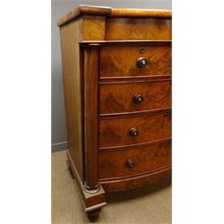  Large Victorian mahogany bow front chest, secret frieze drawer above two short and three long drawers, column pilasters, turned feet, W128cm, H146cm, D60cm  