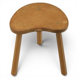 Mouseman - oak three legged cow stool, with carved mouse signature, by the workshop of Rob...