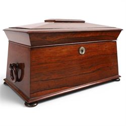 19th century tea caddy, of sarcophagus form, the lid opening to reveal fitted interior, together with red lacquered tea caddy, largest H22cm  